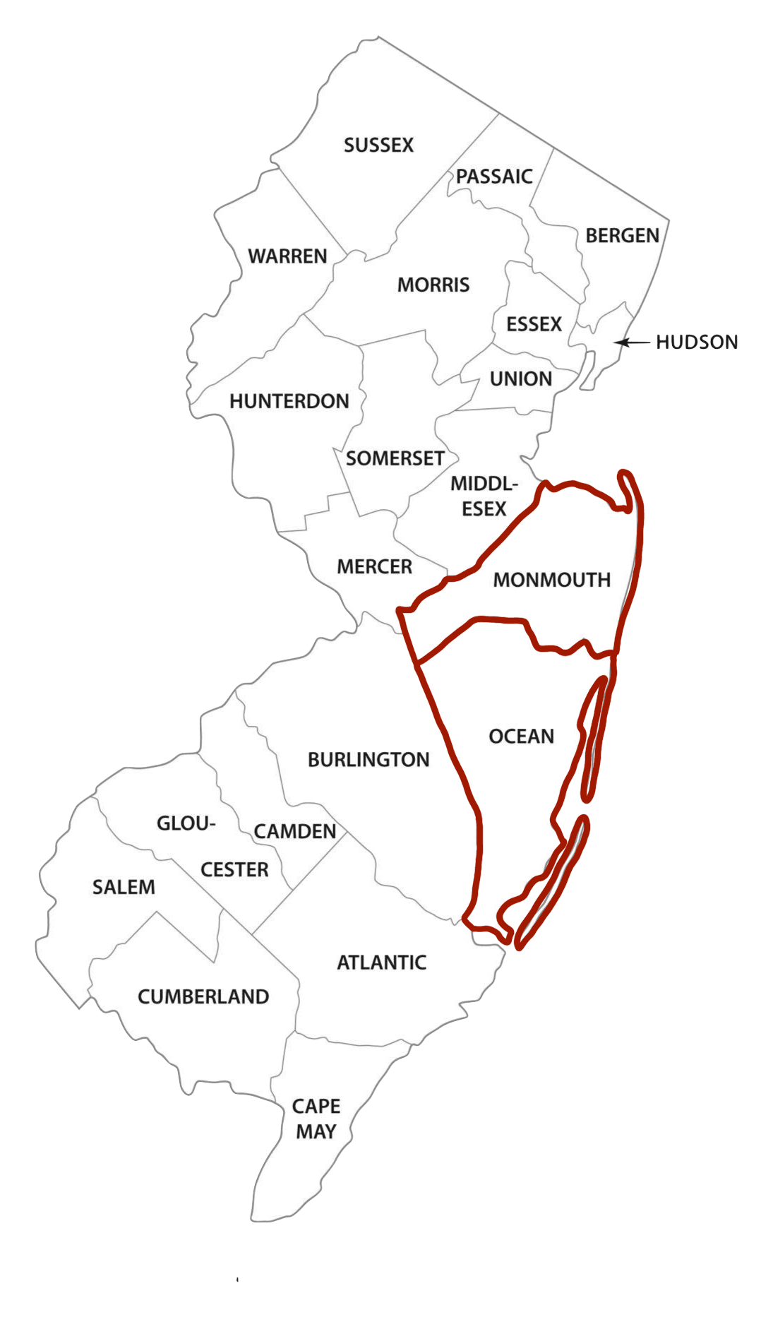 Map of New Jersey with Monmouth and Ocean counties outlined in maroon